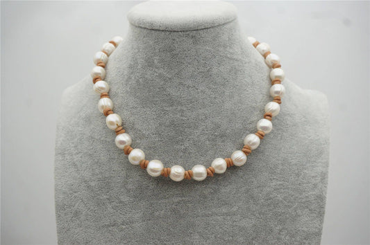 Big Potato Pearl and leather necklace,Genuine Freshwater Pearl Necklace,white pearl necklace,wholesale,Le5-008