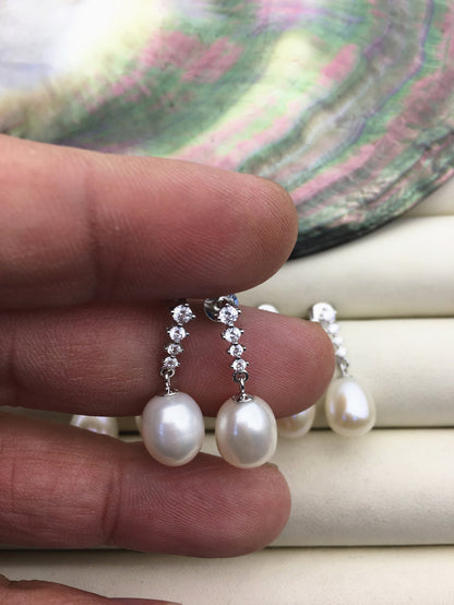 AAA 9mm White rice pearl cz stud earrings,zircon S925 Sterling Silver pearl earrings,pearl for women for girl,SE3-T26