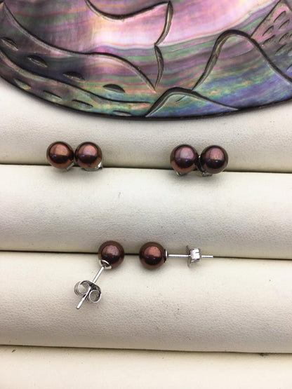 1 pair AAA 6-6.5mm rainbow Round Pearl Stud Earrings,Sterling Silver,Wedding,classic pearl studs,SE1-T52