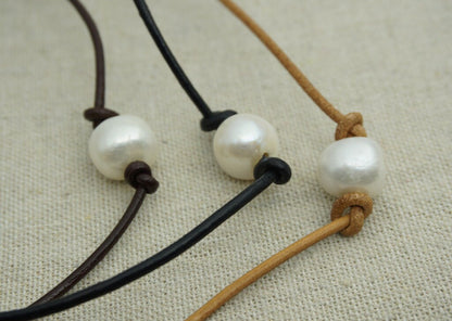 AAA Leather Pearl Choker, pearl choker necklace, Pearl Leather Necklace, Bracelet, Black Leather Pearl necklace, necklaces for women, Le1-004