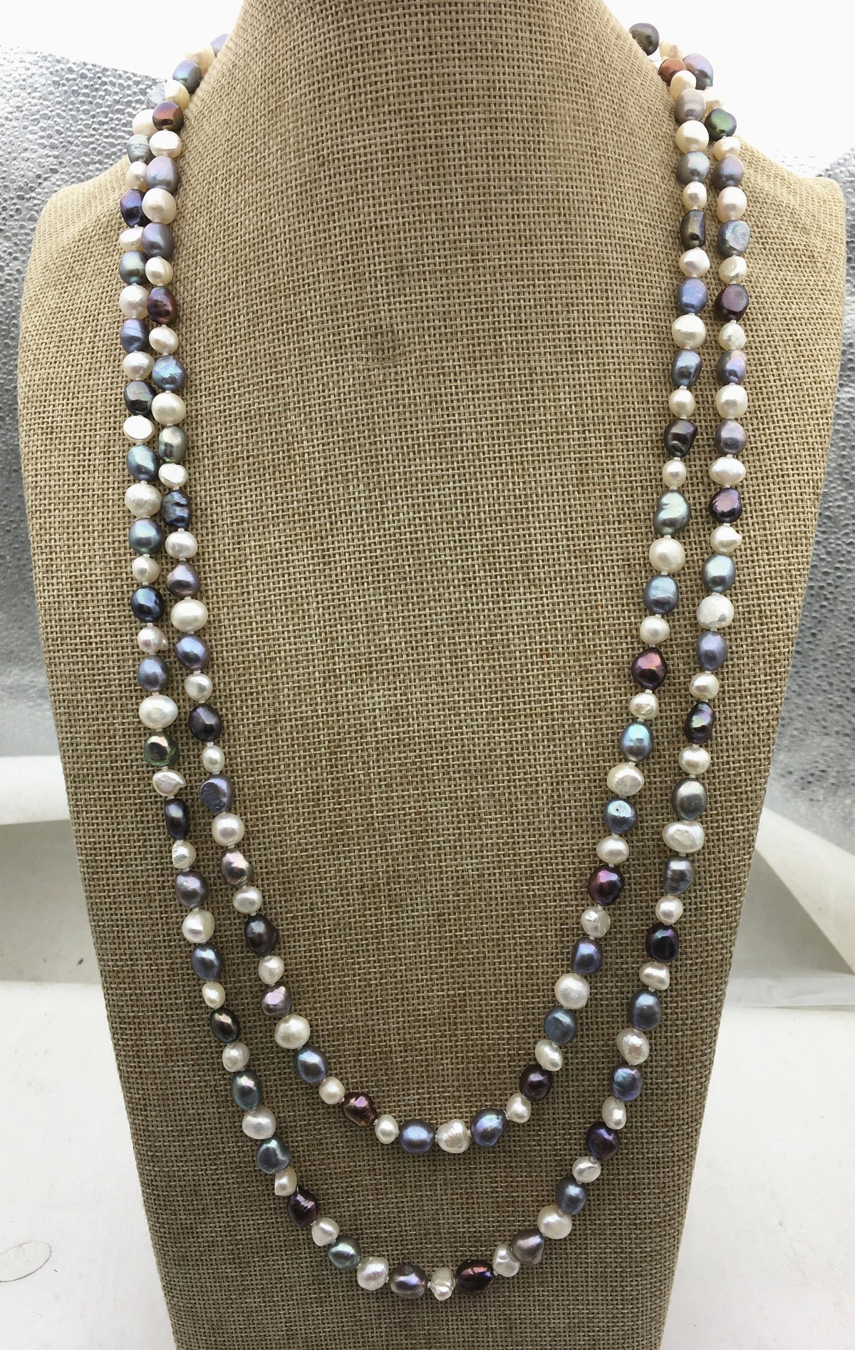 White & Blue Nugget Freshwater Pearl Necklace — 7–8 mm, 63 in