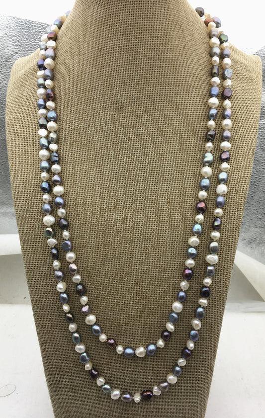 White & Blue Nugget Freshwater Pearl Necklace — 7–8 mm, 63 in