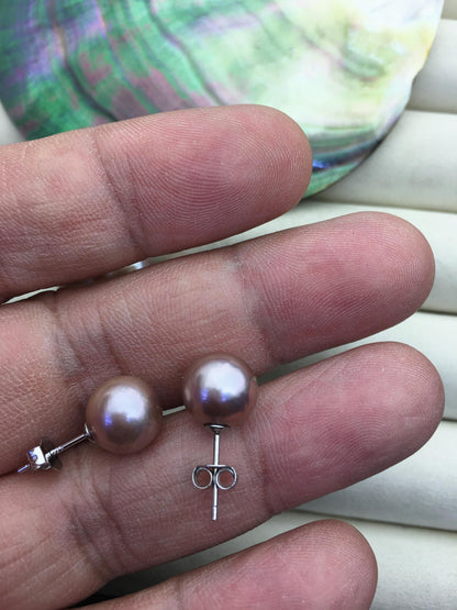1 pair AAA- 9-10mm purple round edison pearl stud earrings, S925 Sterling Silver stud earrings, wedding pearl earrings, SE3-T9-11