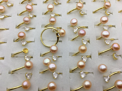 6pcs Gold Open AAA pink pearl ring, inexpensive engagement rings, fashion rings, fake diamond rings real pearls, inexpensive ring, R1-088-7