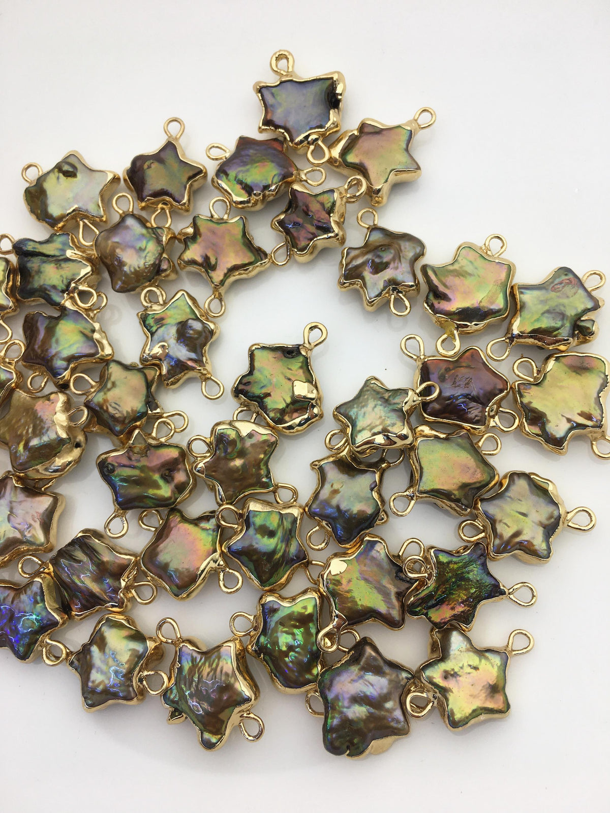 10pcs AA 11-13mm green rainbow five point Pearl Double Bail Connector Charm with Gold Electroplated Edge for make Earrings bracelet, EDG-010