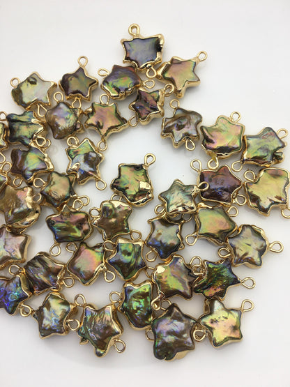 10pcs AA 11-13mm green rainbow five point Pearl Double Bail Connector Charm with Gold Electroplated Edge for make Earrings bracelet, EDG-010