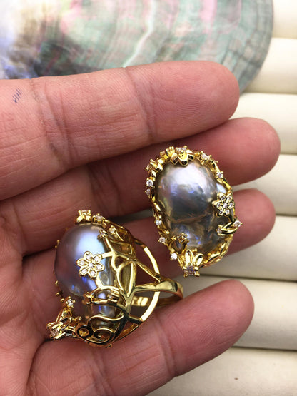 AAA Very Big Gray Rainbow Baroque Pearl Gold rings, affordable engagement rings, pearl wedding rings, promise rings for her, R1-T1