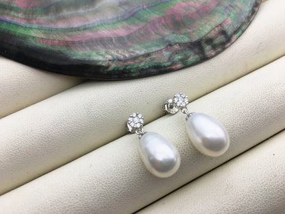 AAA 9mm White rice pearl flower cz stud earrings,S925 Sterling Silver pearl earrings,pearl for women for girl,SE3-146