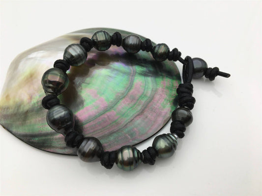 Real Green Tahitian pearl bracelet, High Luster pearl, Pearl Leather bracelet, Taitian pearl bracelet, Black Leather Pearl bracelet, Le10-005