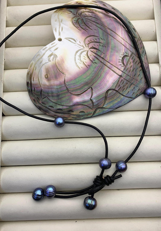 Deep Blue Potato Near Round Pearl Leather necklace, Green Freshwater pearl, Black Leather Pearl necklace, Select leather color, Le4-081