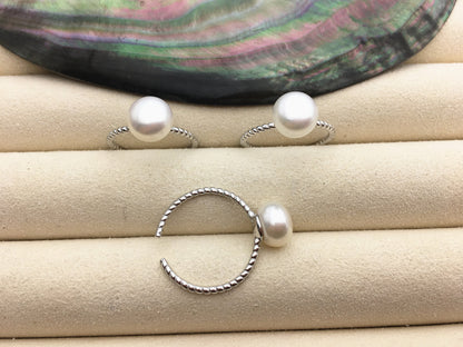 AAA single white button round Pearl Twist Sterling silver ring, wedding rings for women, sterling silver 925 open ring jewellery, R1-059