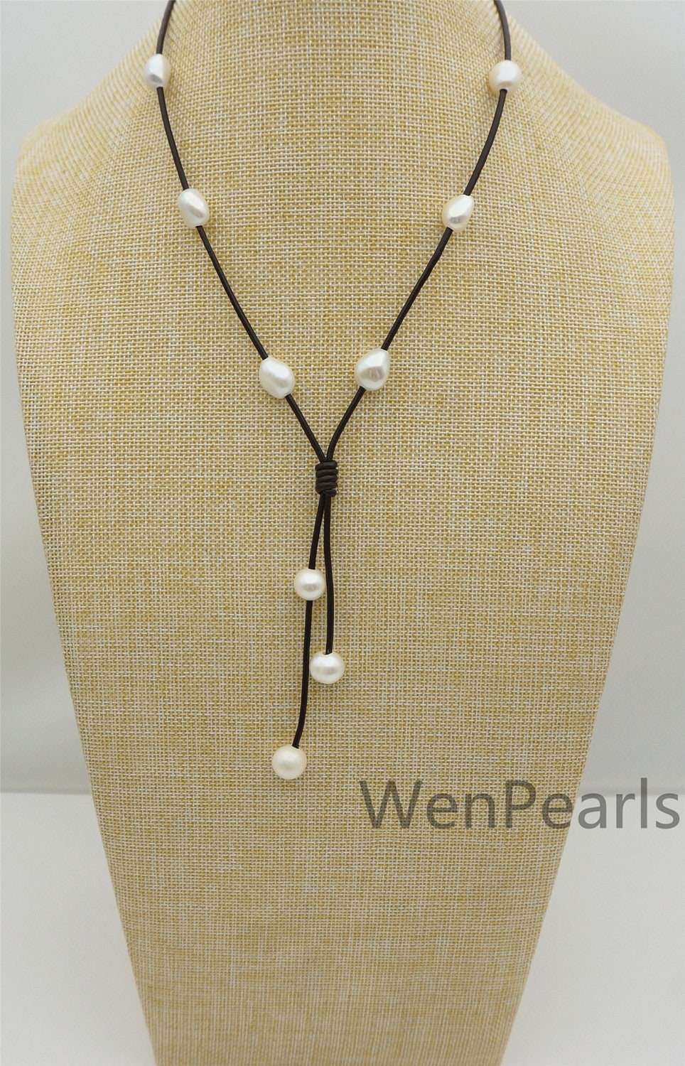 Nugget pearl leather Drop part necklace, Pearl and Leather Lariat Necklace, Leather Pearl necklace, Leather baroque pearl necklace, Le4-031