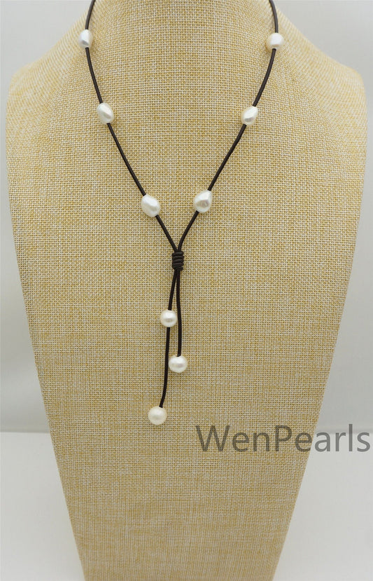 Nugget pearl leather Drop part necklace, Pearl and Leather Lariat Necklace, Leather Pearl necklace, Leather baroque pearl necklace, Le4-031