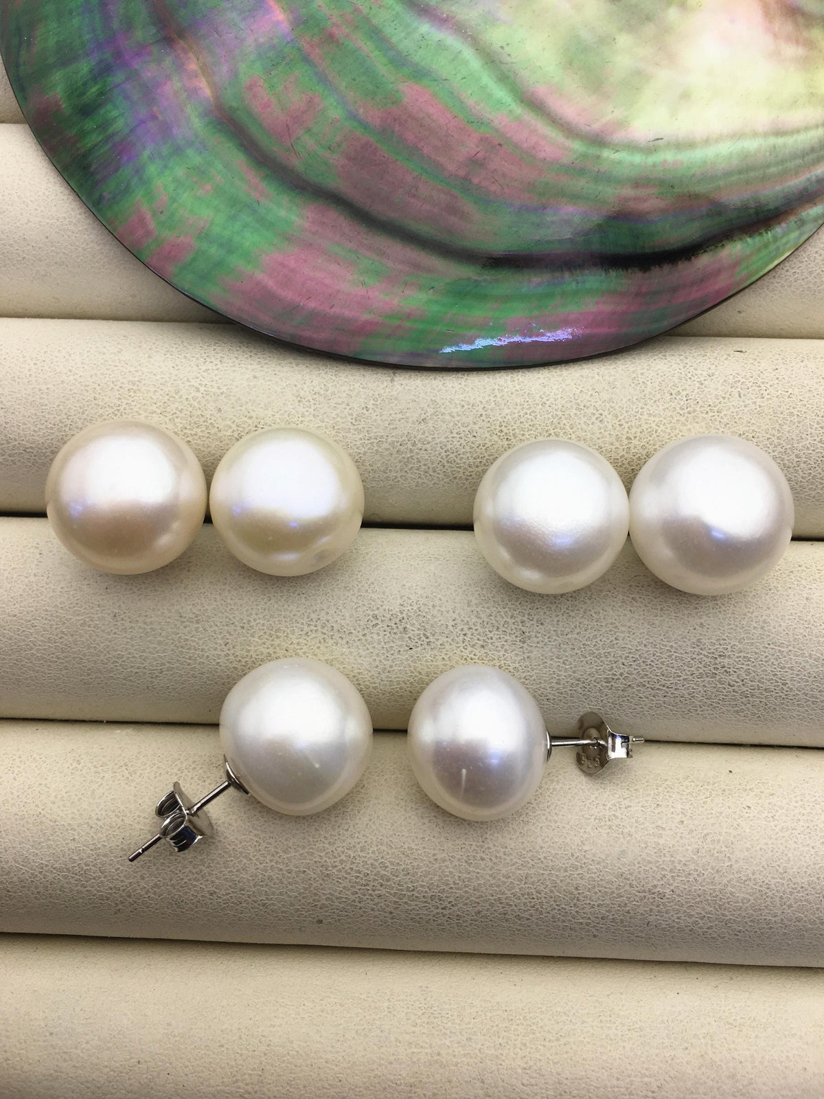1 pair AA+ 14-15mm huge white button round Pearl Stud Earrings, freshwater pearl earrings, classic pearl studs, SE1-069-18