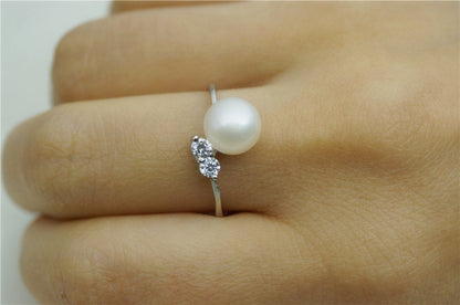 Genuine Pearl ring, cz engagement rings, anniversary ring, cheap wedding rings for women, eternity ring, sterling silver 925 open ring, R1-014