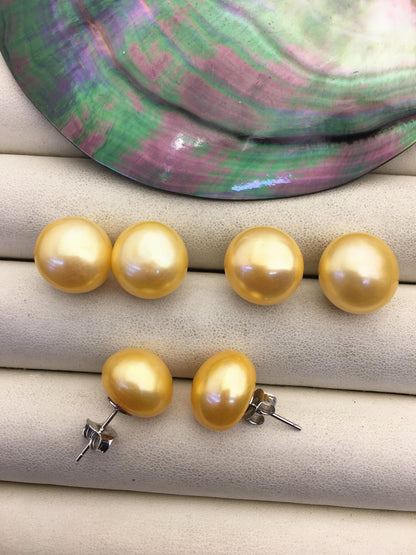 AA+ 13.5-14mm Very Big Yellow Buttom Round Pearl stud earrings,SE1-069-16
