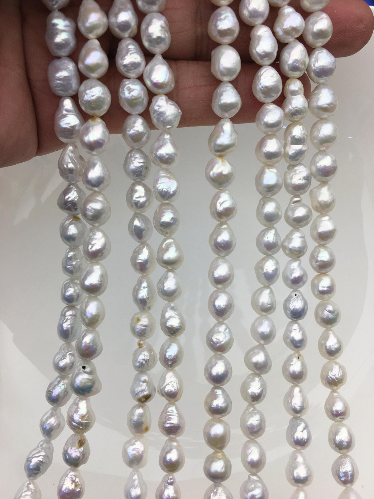 AA 7-8mm white baroque rice freshwater pearls, Cultured white freshwater pearls beads, pearl necklace, pearl wholesale, LR7-T8