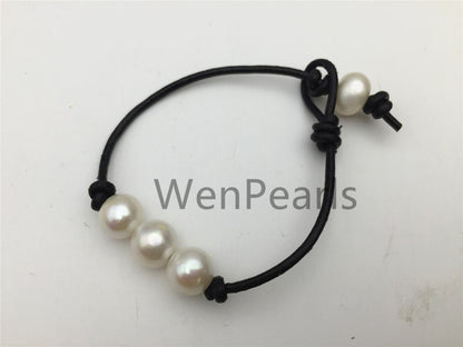 Three pearl Leather Pearls Bracelet - 10mm near round pearl - Genuine freshwater pearl - Real leather - Le7-083