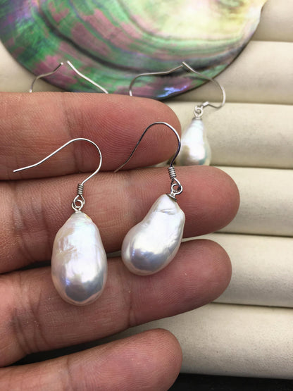 1 pair AAA 11-12mm white drop edison pearl dangle earrings, S925 Sterling Silver earrings, wedding pearl earrings, SE3-T9-20