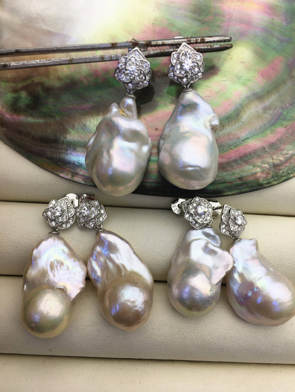 1 pair AA+ 14-16mmx20-28mm flame ball pearl flower stud earrings, sterling silver, earring with white baroque Natural Pearl, SE3-031-3