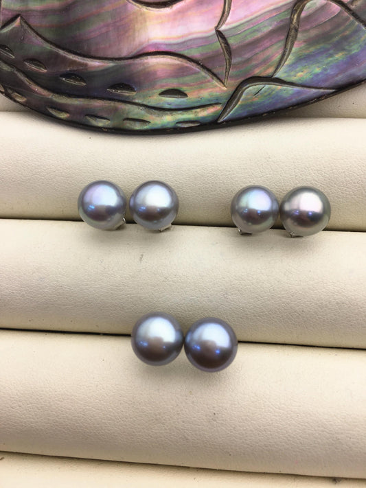 1 pair AAA 8-9mm Gray Green Rainbow Gray Color Pearl earrings, stud pearl earrings, Sterling Silver, bridal, SE1-033