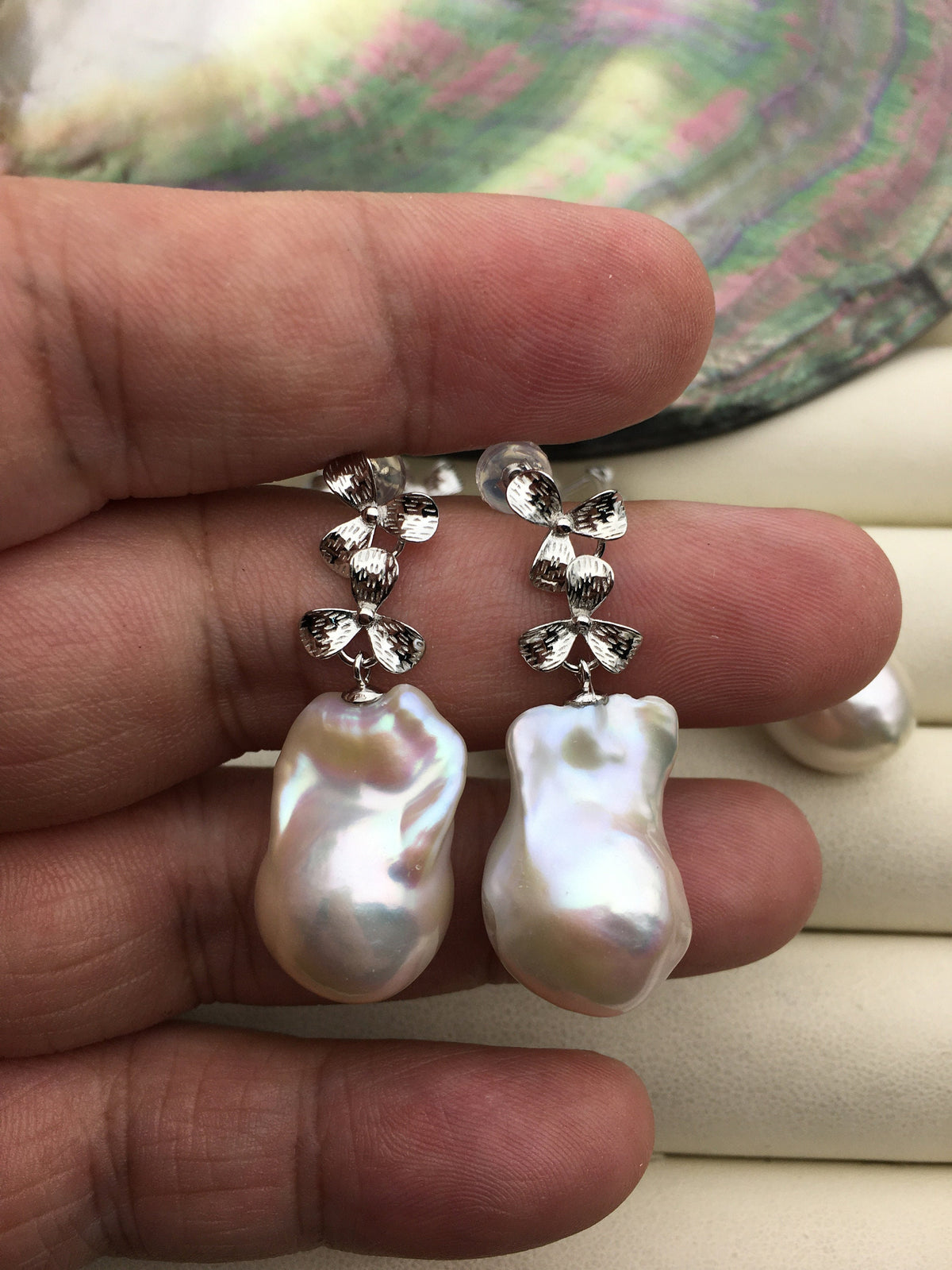 1 pair AA+ 14-16mmx20-28mm flame ball pearl stud earrings, sterling silver, earring with white baroque Natural Pearl, SE3-031-2