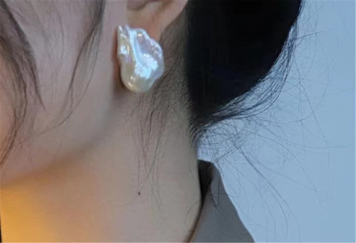 1 pair AAA/AA 14-17mmx20-28mm flame ball pearl stud earrings, sterling silver, earring with white baroque Natural Pearl, SE3-031-1