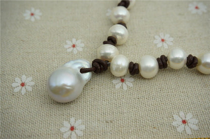 Flameball pearl and leather necklace, Baroque Freshwater Pearl Drop Necklace, Flaming ball pearl necklace, wholesale, Le2-017