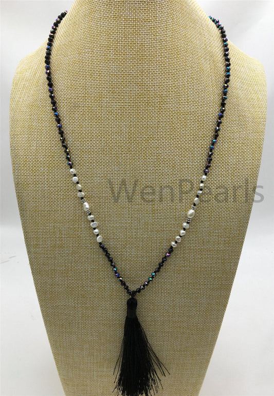 32'' pearl and crystal necklace,high luster freshwater pearls,freshwater pearl,rice pearl,wholesale,NPN5-001-1