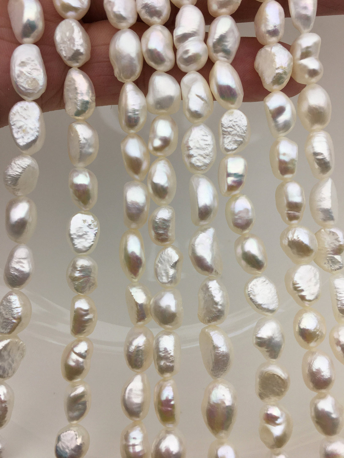 High Luster!AA+ 7.4-8.5mm white long nugget shape freshwater pearls, white cultured freshwater baroque pearl bead string, LM8-2A-4