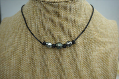 HandMade Fashion Three Tahitian pearl Leather Choker Necklace, men or women choker, Black Leather Pearl necklace, Le11-007