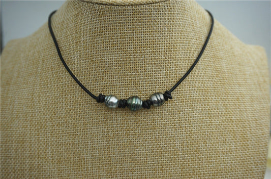 HandMade Fashion Three Tahitian pearl Leather Choker Necklace, men or women choker, Black Leather Pearl necklace, Le11-007