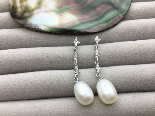 AAA 9mm White rice pearl stud earrings,S925 Sterling Silver pearl earrings,pearl for women for girl,SE3-134
