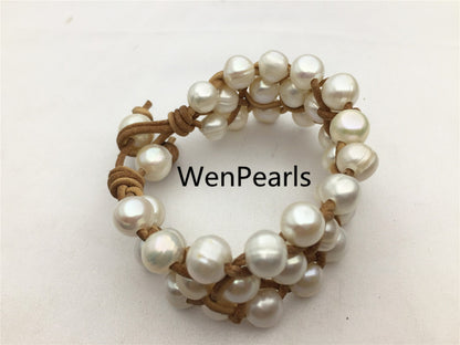 Three rows pearl bracelet, Leather Pearls Bracelet, Handmade Cuff, White Pearls on Brown Leather, Black leather bracelet, Le7-076