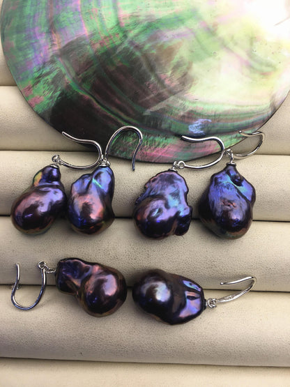 1 pair AAA 13-15mm black rainbow flame ball pearl dangle earrings,SE3-031-34