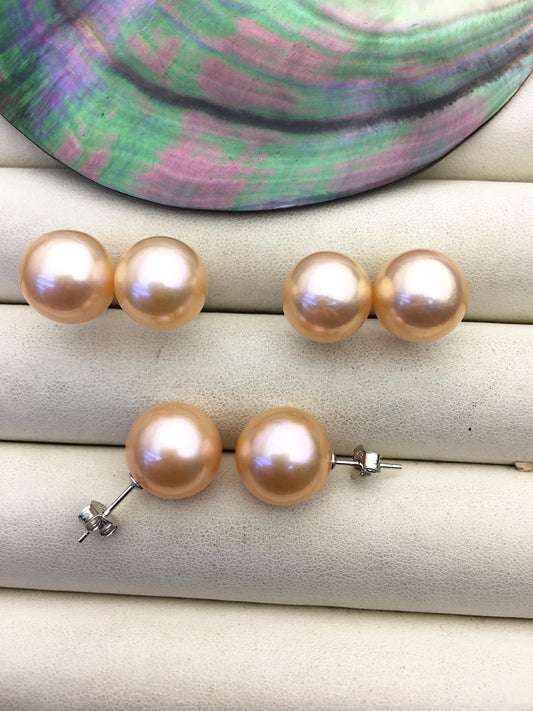 1 pair AAA 11-12mm orange round edison pearl stud earrings, S925 Sterling Silver stud earrings, wedding pearl earrings, SE3-T9-4