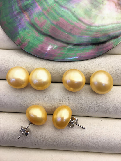 AA+ 13.5-14mm Very Big Yellow Buttom Round Pearl stud earrings,SE1-069-16