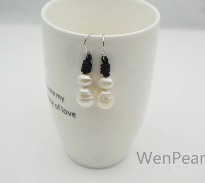 White Pearls and Leather Earrings- fashion earrings, Genuine freshwater pearl - Real leather - Select Leather Color - Le51-001