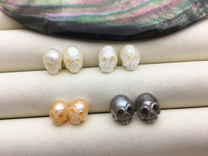 1 pair AAA 7-10mm White/Pink/Gray/Black HandMade Carved Skull Freshwater Pearl Beads For Earrings,CAC-SKU-008