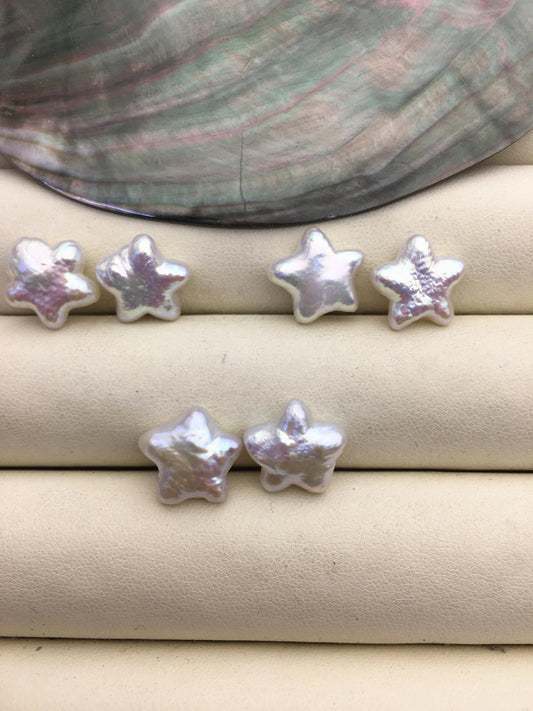 2 pairs AAA 11-13mm White Five pointed star Shape Freshwater Pearl White loose Beads Piar, no hole, wholesale, ZS-103-37-72