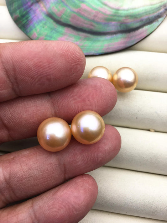 1 pair AAA 11-12mm orange round edison pearl stud earrings, S925 Sterling Silver stud earrings, wedding pearl earrings, SE3-T9-4