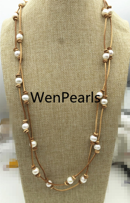 Freshwater Pearl and Leather Necklace, long leather necklace, Light brown, Tan Leather Pearl necklace, Le3-050