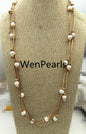 Freshwater Pearl and Leather Necklace, long leather necklace, Light brown, Tan Leather Pearl necklace, Le3-050