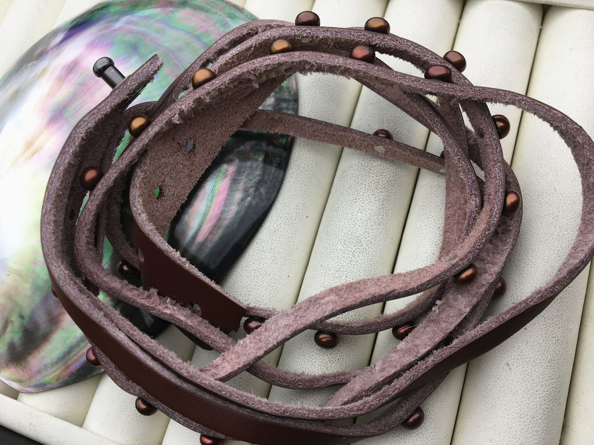 17 inches pearl leather Bracelet, Handmade Cuff,brown Pearls on Brown Leather,B8-059