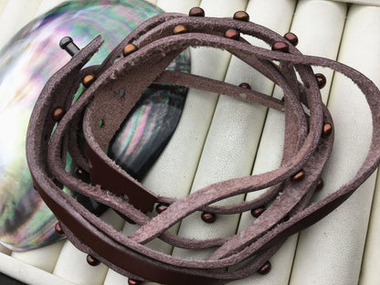17 inches pearl leather Bracelet, Handmade Cuff,brown Pearls on Brown Leather,B8-059