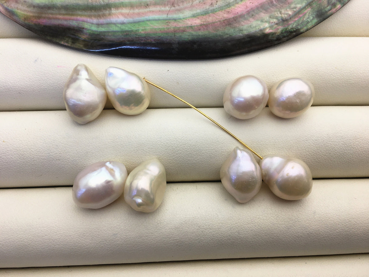 3 pairs AA+ 10-12mm White Nugget Freshwater Pearl White loose Beads Pair,0.9mm top half hole,ZS-103-37-51