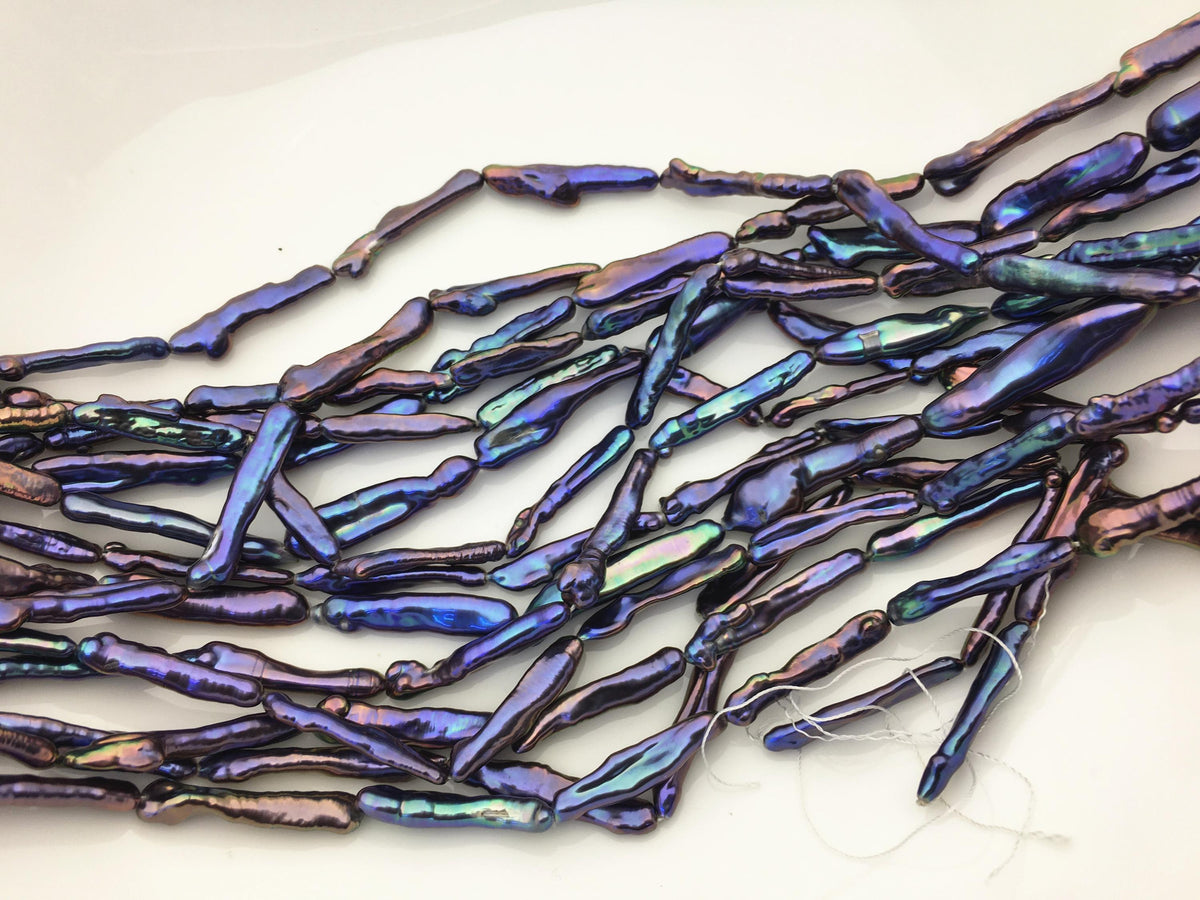 15.5'' AAA 4-6mm black blue rainbow Toothpick pearls,ZS-80-12
