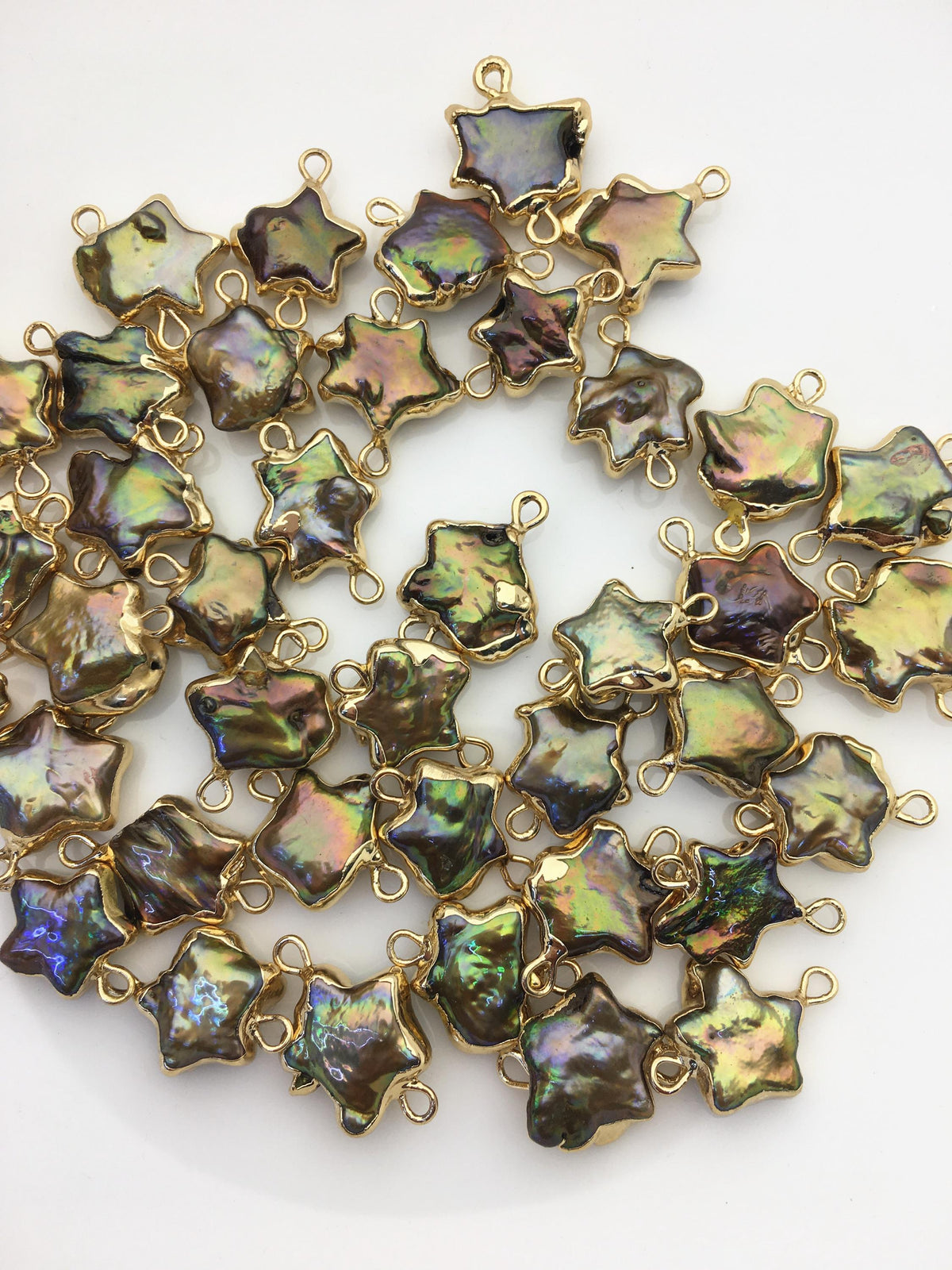 10pcs AA 11-13mm green rainbow five point Pearl Double Bail Connector Charm with Gold Electroplated Edge for make Earrings bracelet, EDG-010