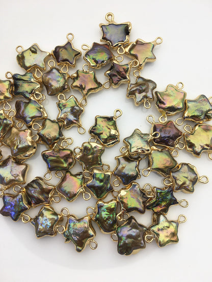10pcs AA 11-13mm green rainbow five point Pearl Double Bail Connector Charm with Gold Electroplated Edge for make Earrings bracelet, EDG-010