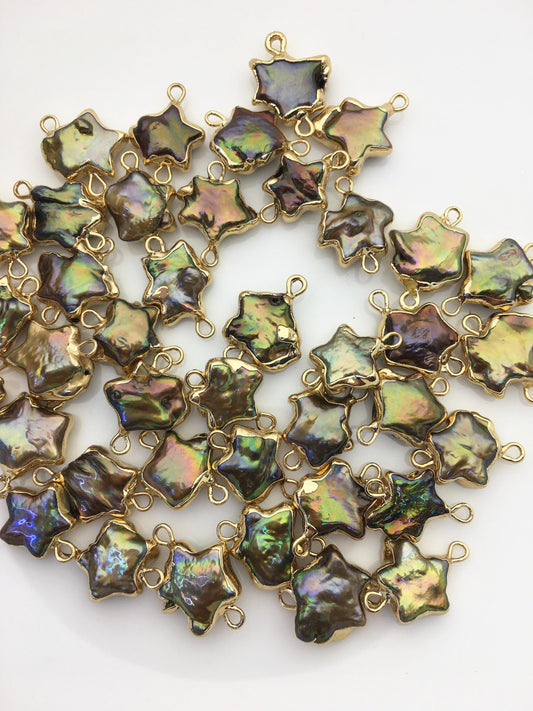 10pcs AA 11-13mm green rainbow five point Pearl Double Bail Connector Charm with Gold Electroplated Edge for make Earrings bracelet, EDG-010